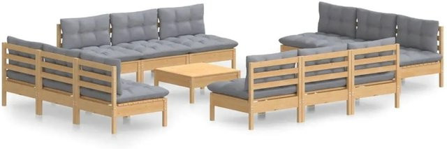 vidaXL 13-tlg. Garten-Lounge-Set aus massivem Kiefernholz mit grauen Polsterkissen in Braun-Grau - Bild 1