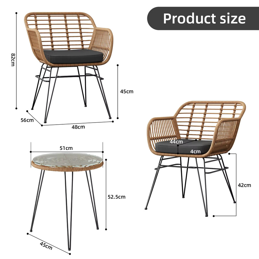 3-teiliges HiMISS Bistro-Set aus wetterfestem Rattan in Grau mit 2 Stühlen inklusive Kissen und 1 Tisch für Garten, Balkon oder Terrasse - Bild 6