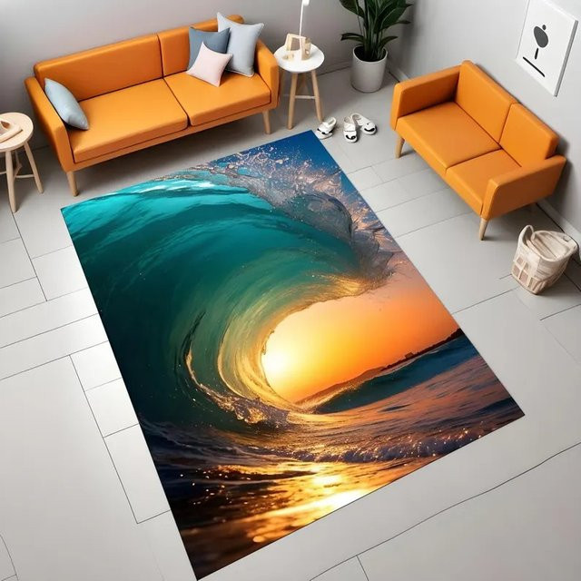 Wave Coast Teppich Ozean Serie mit Sonnenaufgang und Sonnenuntergang Muster in Blau für Wohnzimmer und Schlafzimmer - Bild 1
