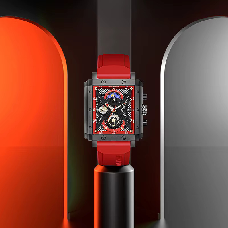 LIGE Armbanduhr Herren, Quarz, Chronograph, Rechteckig, Schwarz, Kautschuk - Bild 2