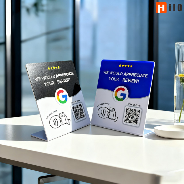 Hilo Programmierbarer NFC215 QR-Code Präsentationsständer für Google Reviews und Feedback in Blau - Bild 1