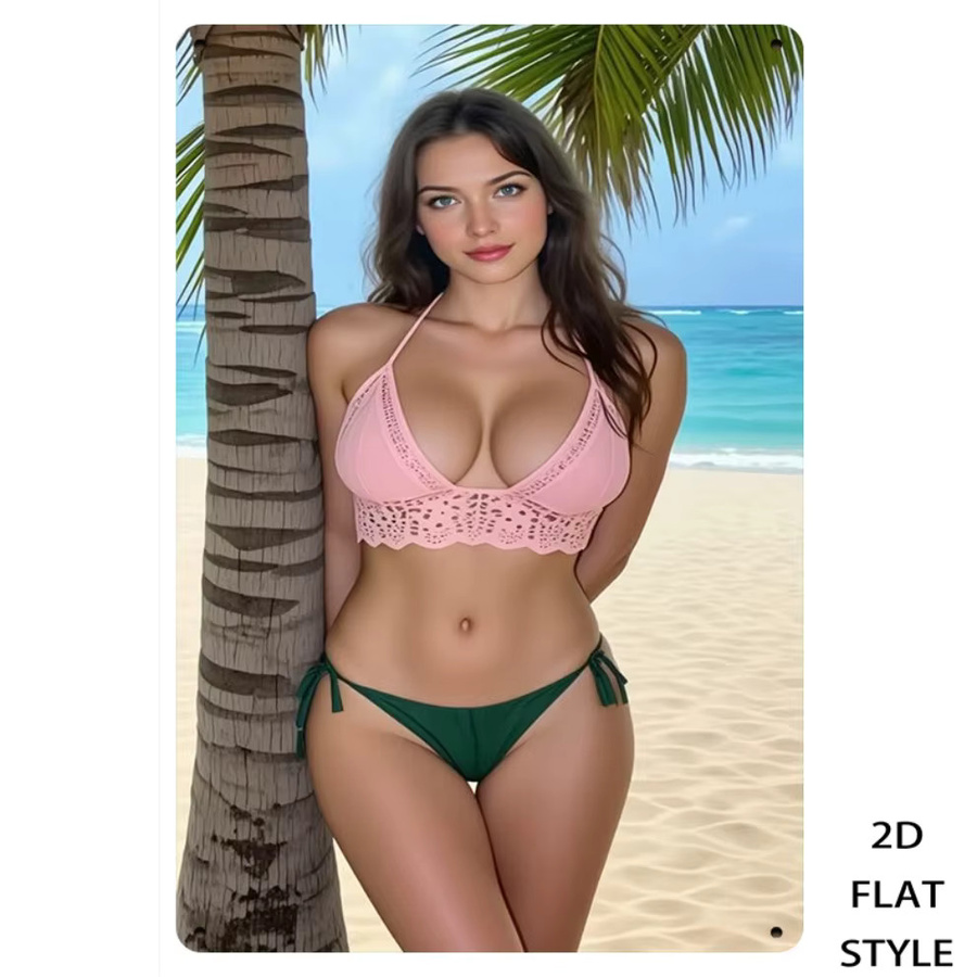Retro Metallschild CIFBUY Wanddekoration Tropische Strandszene mit Palme und Frau in Rosa, Breite: 20,32 cm, Höhe: 30,48 cm - Bild 2