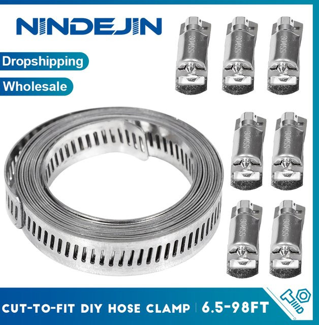 NINDEJIN Schneckengetriebe-Rohrschellen-Sortiment-Kit aus 304 Edelstahl in Silber, 30 Fuß verstellbarer Metallriemen mit 30 Befestigungselementen - Bild 1