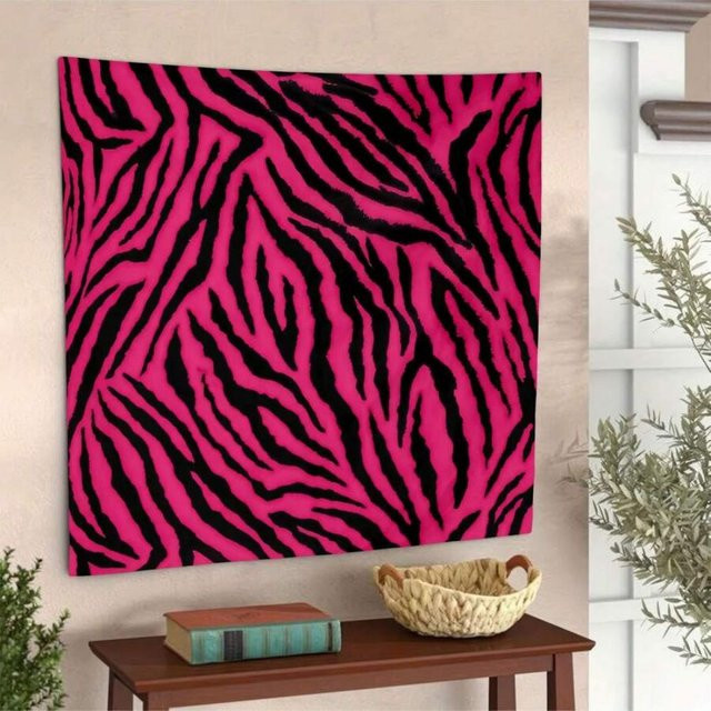 VIKAMA Wandteppich mit Zebramuster in Rosa und Schwarz aus Polyester für dein Wohnzimmer oder Schlafzimmer - Bild 1