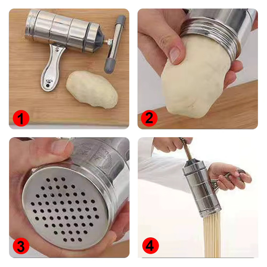 Manuelle Nudelmaschine aus Edelstahl in Silber mit 5 Pressformen zur Herstellung von Spaghetti und Obst-Entsafter-Presse - Bild 2