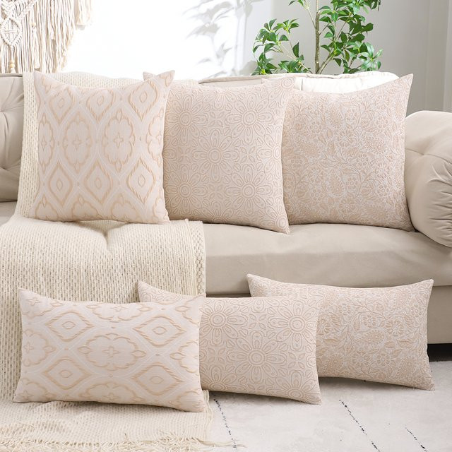 Miater Jacquard Dekokissenbezug mit floralem Design in Beige, quadratisch - Bild 1