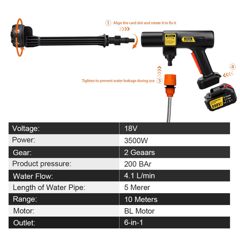 Gisam bürstenloser elektrischer Hochdruckreiniger mit 200 Bar und 6-in-1 Spritzpistole für Makita 18 V Akku - Bild 4