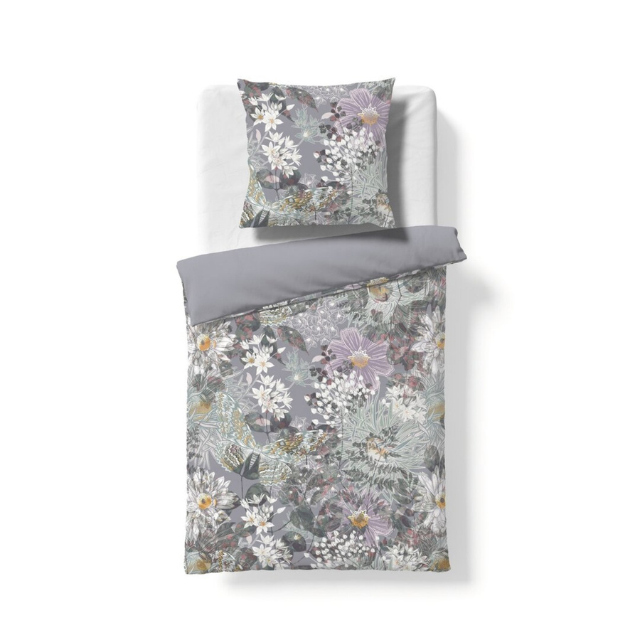 Fleuresse Valencia Bettwäsche aus Samt-Flanell mit Blumenmuster in Grau und Grün, Wendeoptik, B/H: 135 x 200 cm - Bild 1