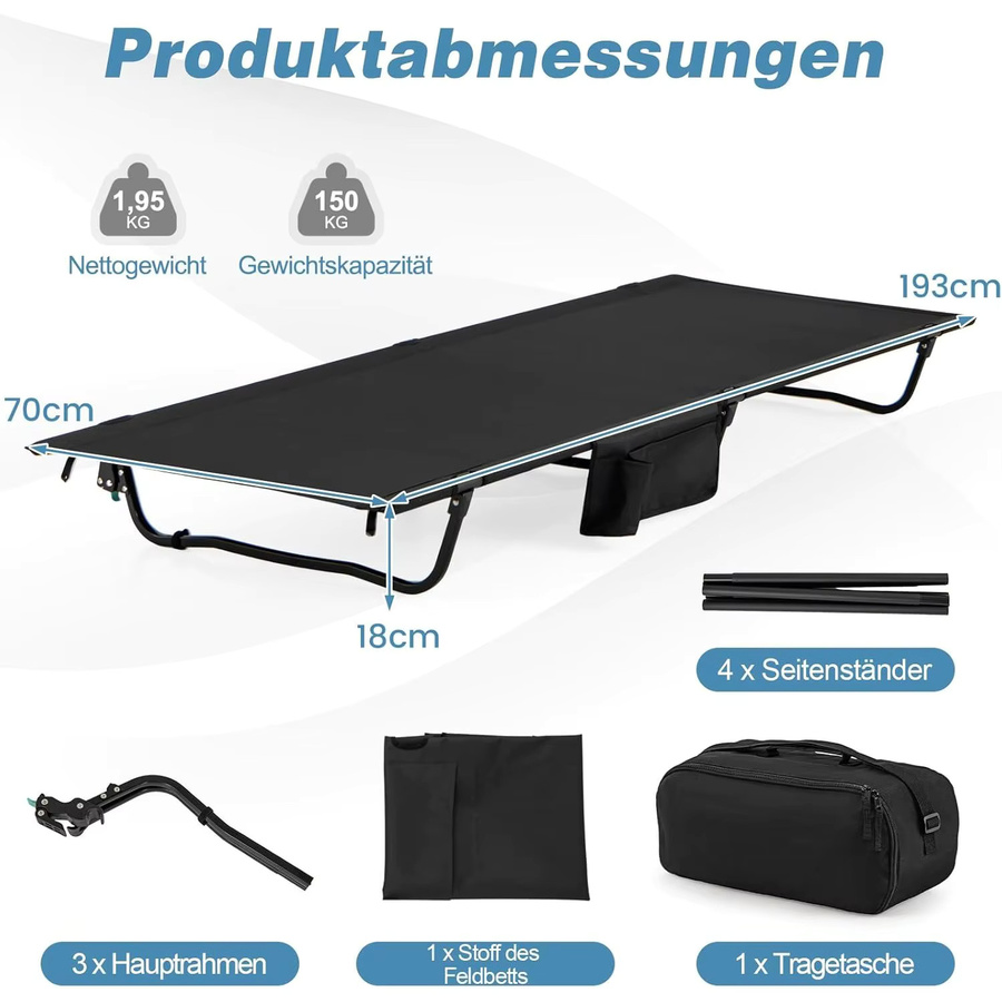GOFLAME Ultraleichtes Campingfeldbett mit Seitentaschen aus pulverbeschichtetem Aluminium in Grün oder Schwarz - Bild 4