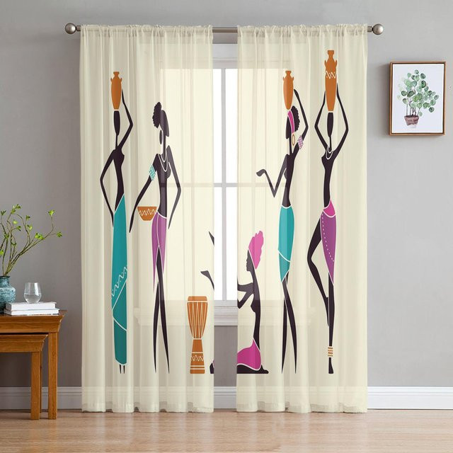 Super Six Ethnische Transparente Vorhänge mit Afrikanischem Frauen-Motiv, Tüllvorhang für Wohnzimmer, Schlafzimmer und Badezimmer, B: 135 cm, H: 114 cm - Bild 1