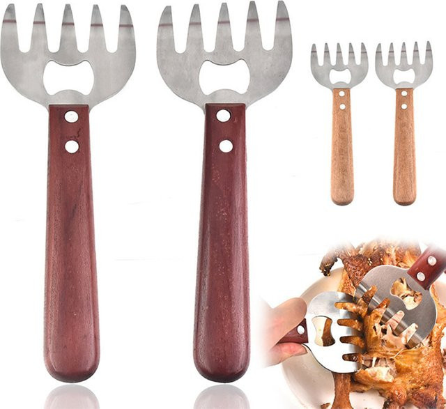 LMETJMA Fleischzerkleinerer-Klauen Set aus Edelstahl mit Holzgriff in Silber und Rot, 2 Stück - Bild 1