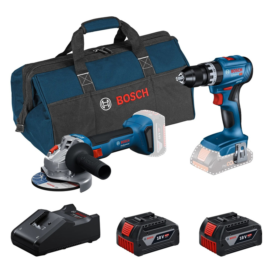 Bosch Professional Akku-Werkzeug-Set 18V mit GSB 18V-45 Schlagbohrschrauber und GWS 18V-8 Winkelschleifer, inklusive 2 Akkus und Ladegerät, Blau/Schwarz - Bild 2