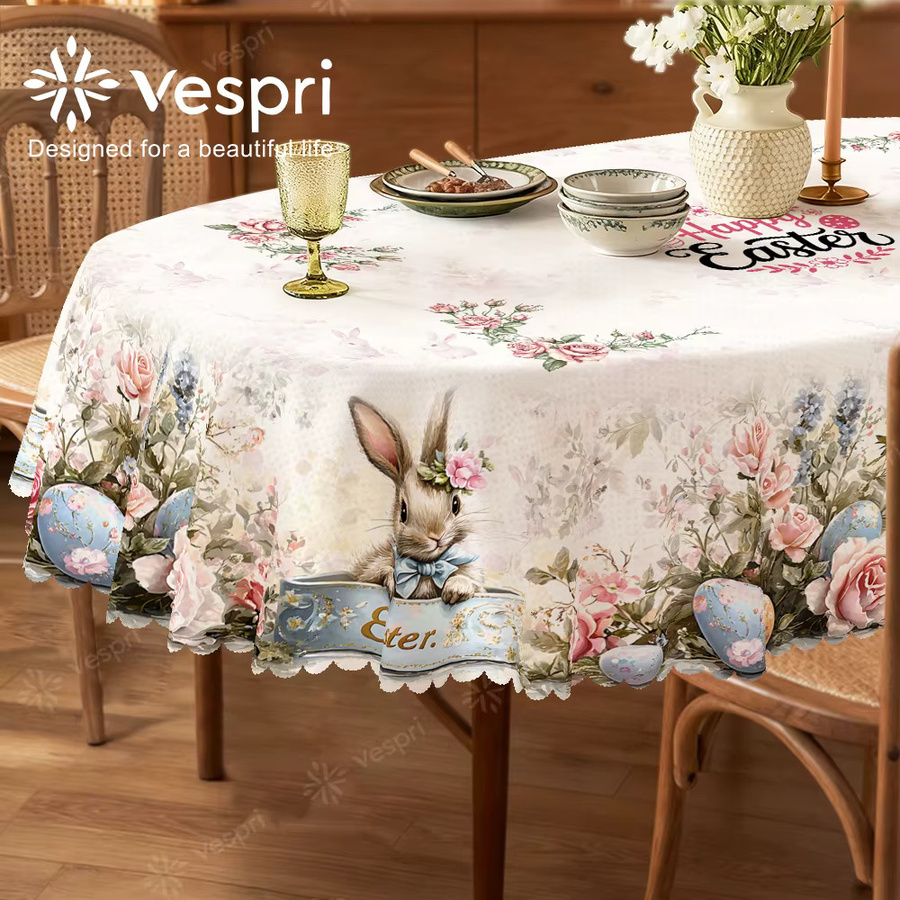 Vespri Oster-Tischdecke aus Polyester mit floralem Hase- und Rosenblüten-Design in Weiß und Rosa für runde Tische - Bild 2
