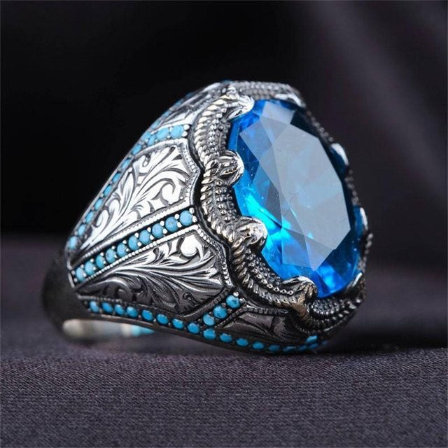 YIRAN Siegelring Messing, Gold, Blauer Zirkonia, Herren - Bild 1
