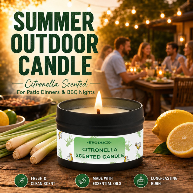 EVODUCK Citronella-Kerze für draußen mit frischem Zitronengras-Duft, schwarze Metall-Tischkerze, rund - Bild 1