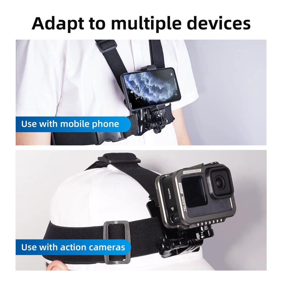 TELESIN Brusthalterung und Kopfgurt in Schwarz für GoPro Hero 11 10 9 8 7 6 5, Insta360, SJCAM, EKEN und DJI Action Kameras - Bild 2