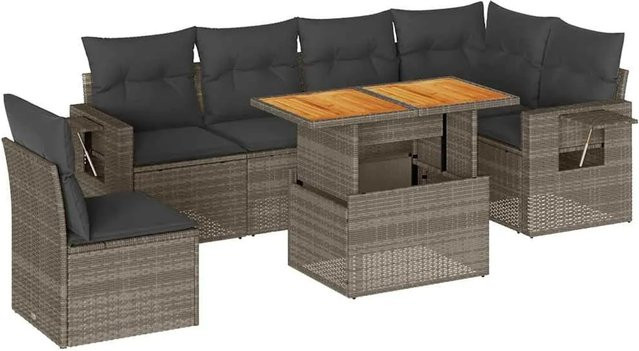 vidaXL 7-teilige Garten-Sofagarnitur aus Poly-Rattan und Akazienholz in Grau mit Kissen - Bild 1