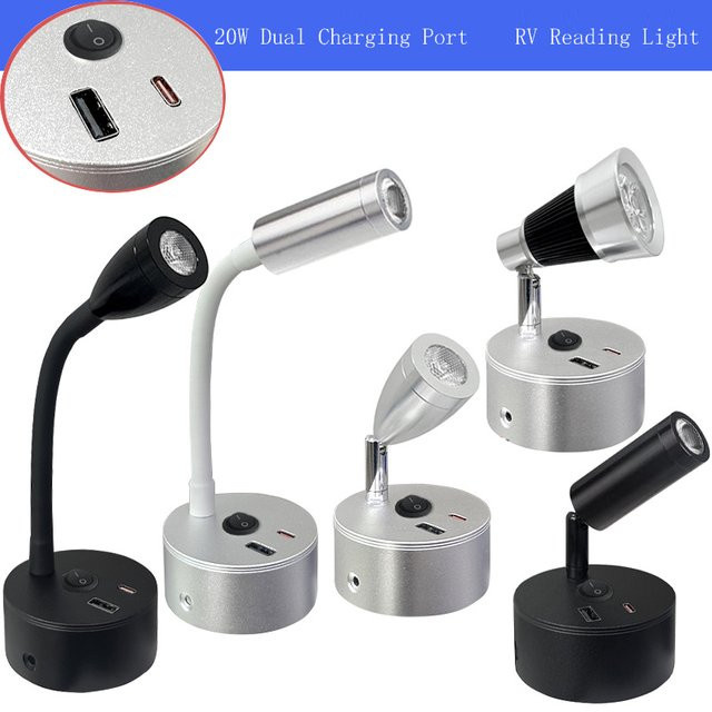 Ramalho LED Wandlampe für Wohnmobile und Yachten mit Schwanenhals, Typ-C und USB, weiß, 12V-24V - Bild 1