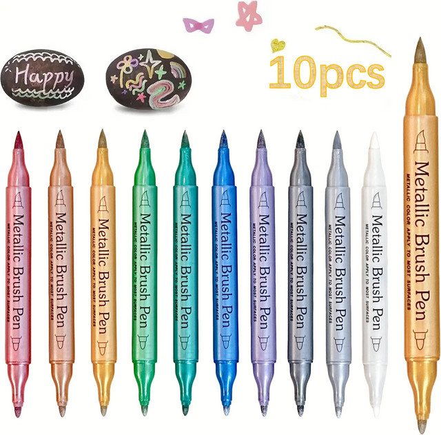 CEESO 10-teiliges Metallic-Marker Set mit Brush- und Fine-Spitze, Tinte auf Wasserbasis in Gold, Silber und Multicolour für Glas, Keramik und Scrapbooking - Bild 1