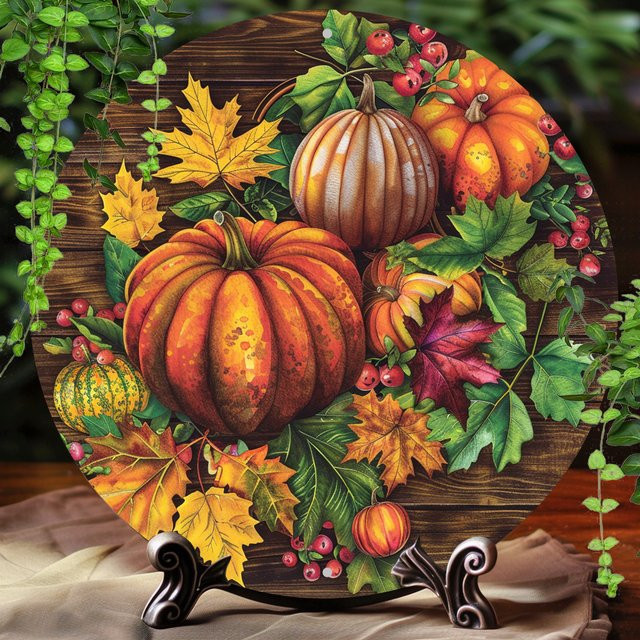 Rundes Aluminiumschild Potdemiel im Vintage-Stil mit Fall Harvest Pumpkins Motiv, Mehrfarbig, Durchmesser: 20,3 cm - Bild 1