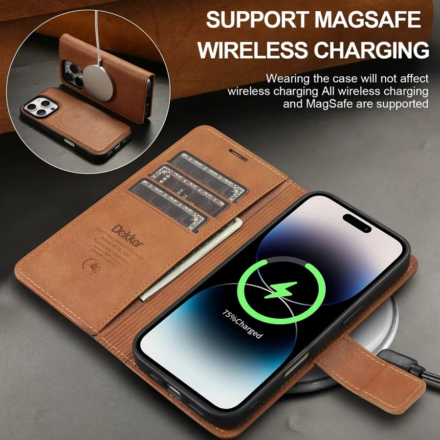 2-in-1 MagSafe Wallet Case für iPhone 16 Pro Max 15 Plus 14 Pro Max 13 12 magnetische kabellose Lade-Telefonabdeckung in Braun - Bild 3