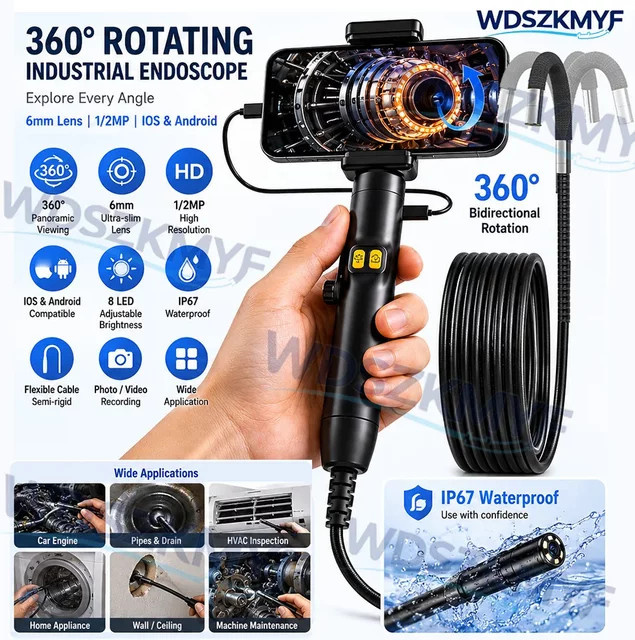 Rotierendes Endoskop mit 360-Grad-Kommunikation und 1080P-Kamera, wasserdichte 6mm Sonde mit Licht für Android und iOS, Schwarz - Bild 1