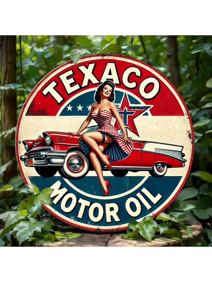 Potdemiel Texaco Motor Oil Vintage Aluminiumschild Retro Pin-Up Wanddeko aus Metall, Rund, Mehrfarbig, Durchmesser: 20 cm - Bild 7
