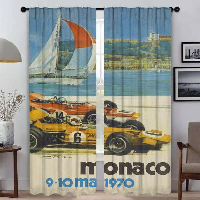 Vintage Auto Rennen Vorhänge im 2er-Set, halbtransparente Tüll-Vorhänge mit Fahrzeug-Motiv für Wohnzimmer, Schlafzimmer oder Küche, B: 50 cm, H: 70 cm - Bild 1