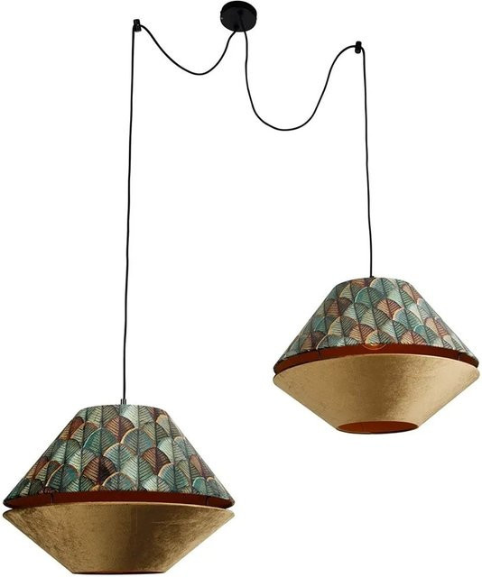 QAZQA Cava Luxe Pendelleuchte mit doppeltem Samt-Lampenschirm in Blattdesign, Schwarz und Beige mit 2 Lichtern - Bild 1