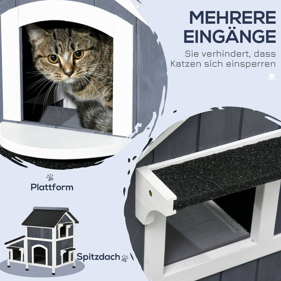 PawHut Katzenhaus aus grau lackiertem Tannenholz mit mehreren Eingängen und wetterfestem Asphaltdach, B/H/T: 65 x 96 x 85,5 cm - Bild 3