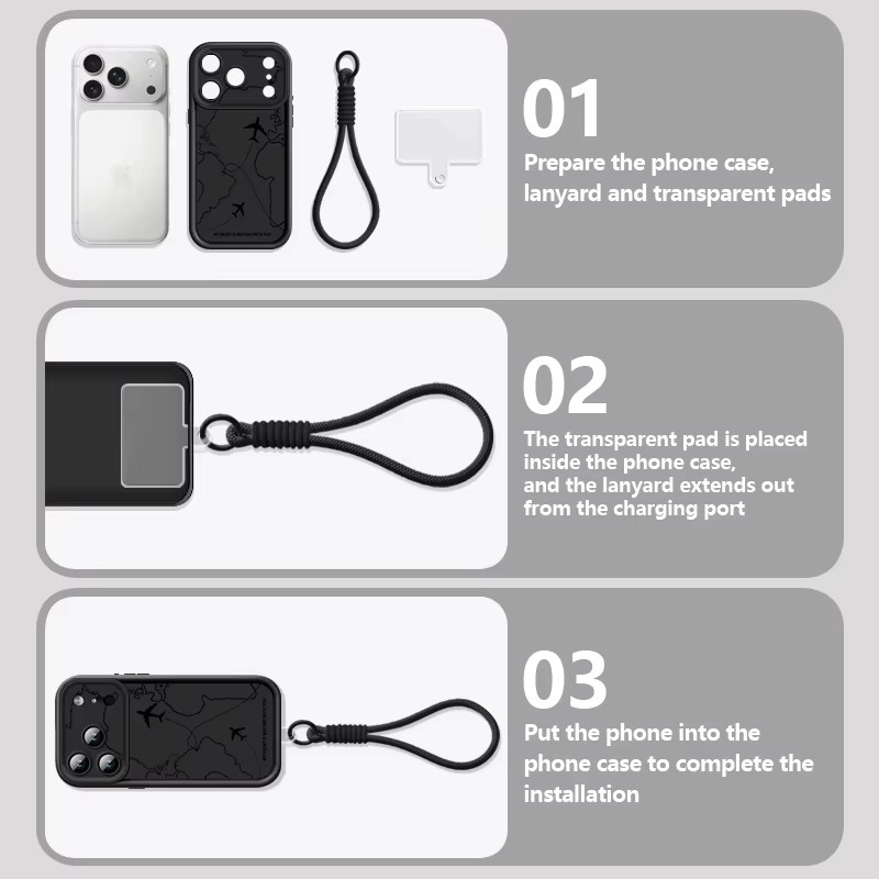 Handyhülle mit Flugrouten-Muster und Lanyard für Apple iPhone 11 bis iPhone 18 Pro Max, weiche TPU-Hülle mit Handgelenkschlaufe in Pink oder Black - Bild 2