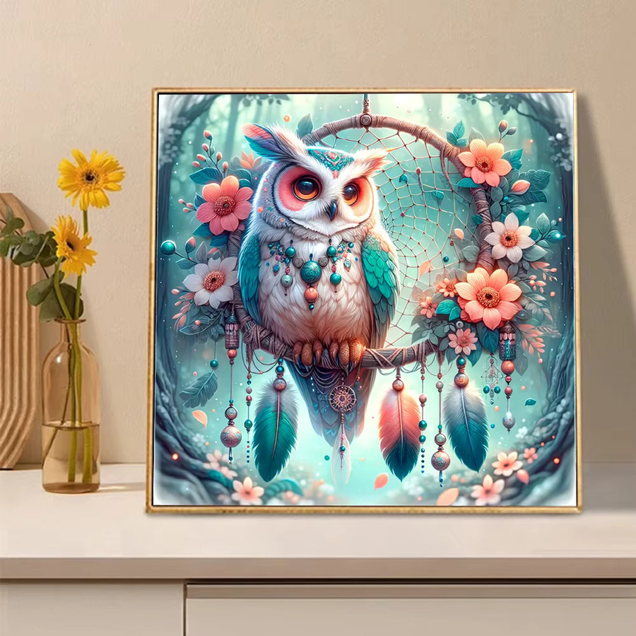 Huacan Diamant-Gemälde Eule und Blumen als runde Wanddekoration in Multicolour - Bild 2