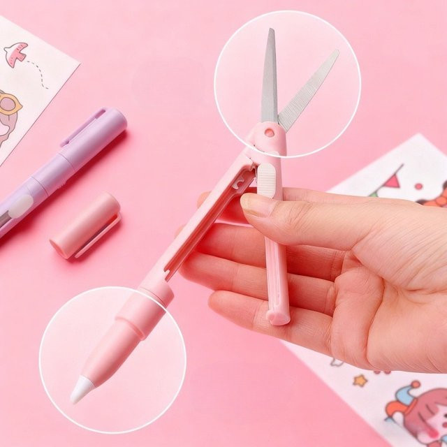 Morandi 2-in-1 Faltbare Schere-Stift-Kombination in Pink mit Mehrfachfunktionen als handgefertigter Mini-Klappstift - Bild 1