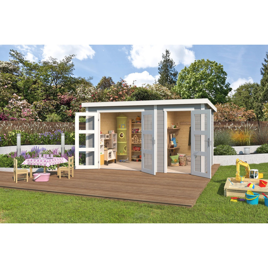 Lasita Gartenhaus Zambezi XL aus Holz mit Flachdach in Lichtgrau, B/H/T: 380 x 210,9 x 240 cm - Bild 2