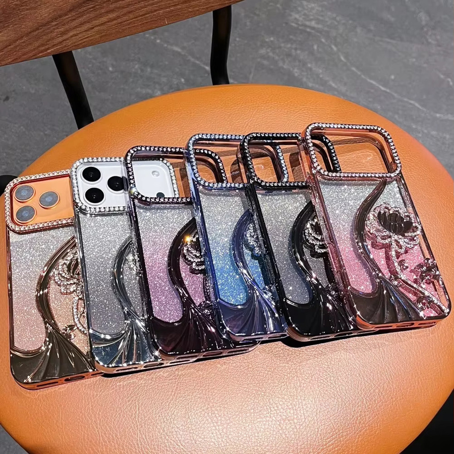 Luxus Glitzer Telefonhülle mit Farbverlauf und Diamant-Blumen-Design für Apple iPhone 12 bis 17 Pro Max Air Plus in Silber und Multicolour - Bild 3