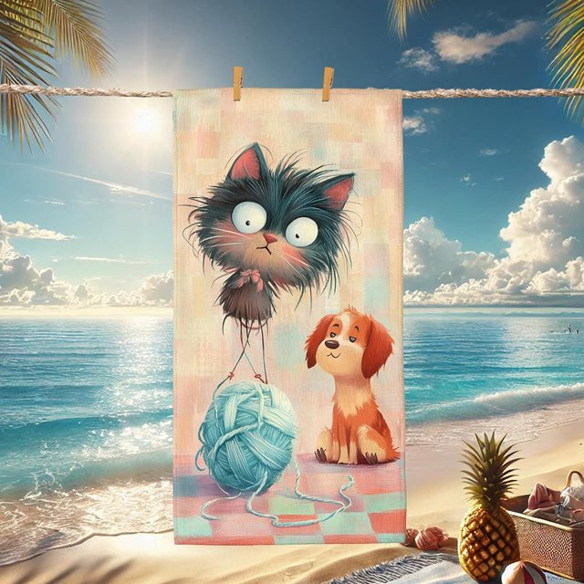 Shanika Chen Strandtuch mit Cartoon Katze und Hund in Schwarz Blau, schnelltrocknend und sandfrei, B: 40 cm, H: 60 cm - Bild 1