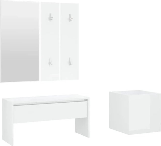vidaXL Flurmöbel-Set Modell 3 in Hochglanz Weiß aus Holzwerkstoff mit Flurbank, Spiegel, Garderobe und Pflanzgefäß - Bild 1