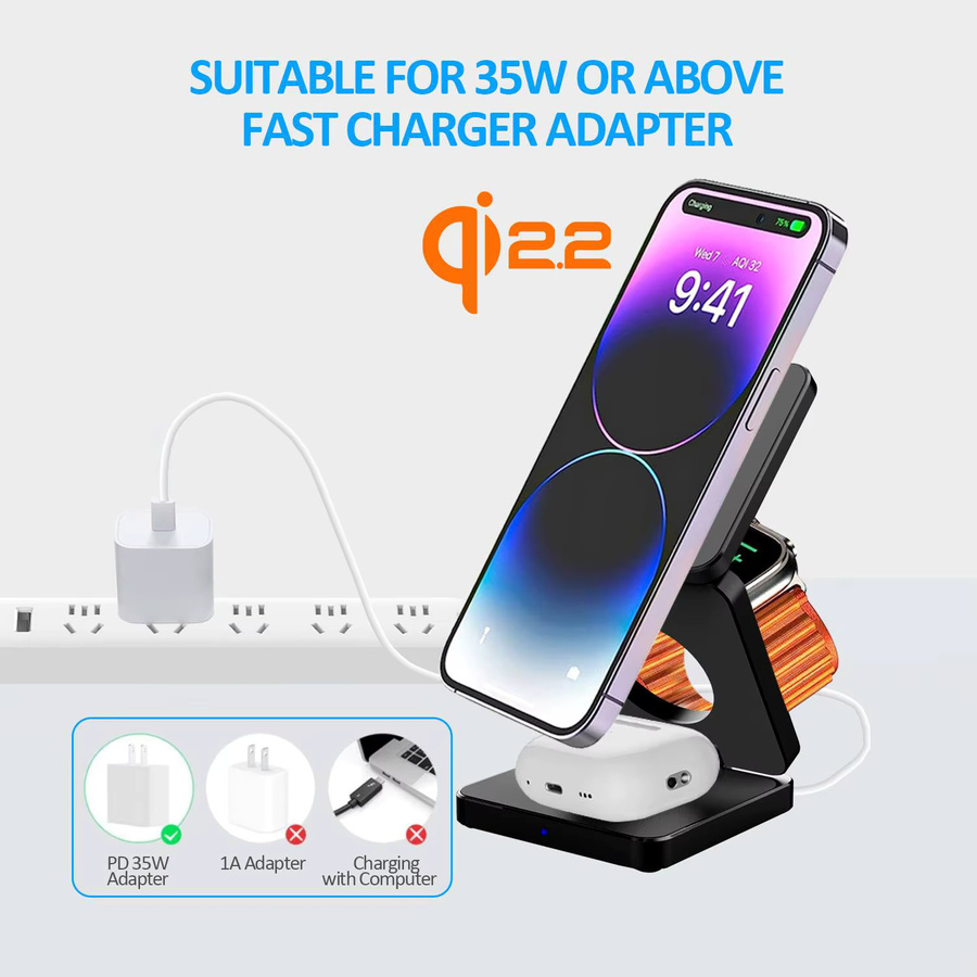 ILEPO 3-in-1 Magnetischer Qi2 Kabelloser Ladeständer 25W Faltbar für iPhone, Apple Watch und AirPods in Silber - Bild 6