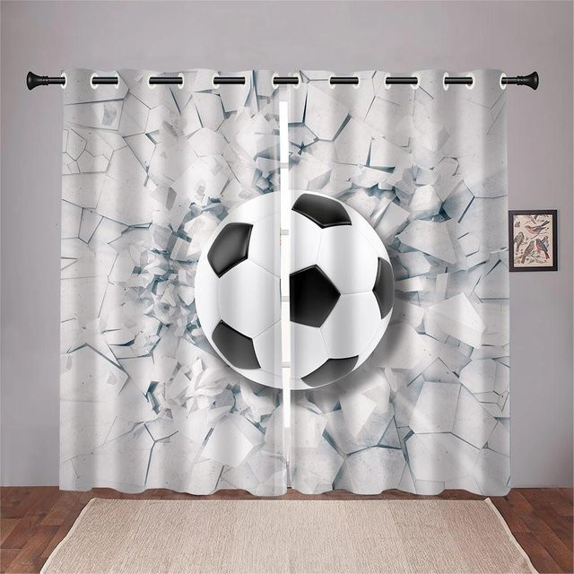 Moderne Fußball Vorhänge für Kinderzimmer und Wohnzimmer, halbtransparent, Weiß, B: 100 cm, H: 130 cm - Bild 1