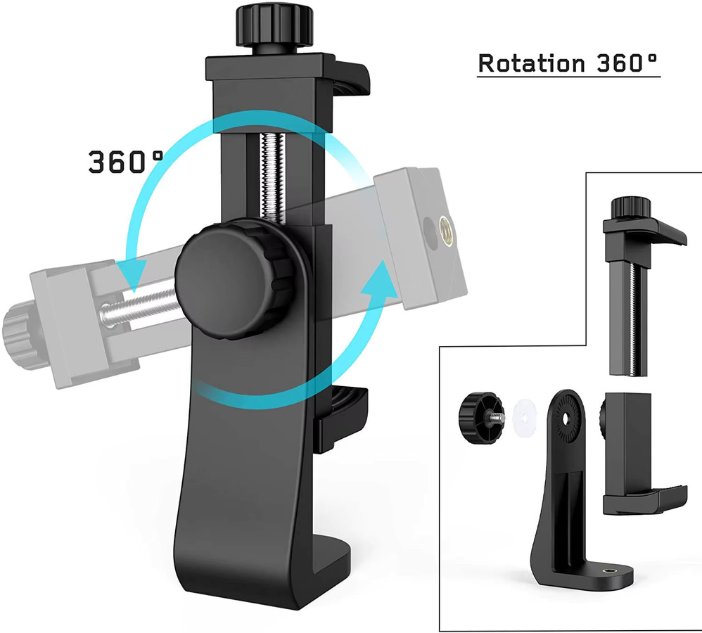 GOT-TOG 360 Grad Handyhalterung mit universeller 1/4 Zoll Schraube und verstellbarer Klemme in Schwarz als Handy-Stativ Montage-Adapter für Smartphones - Bild 2