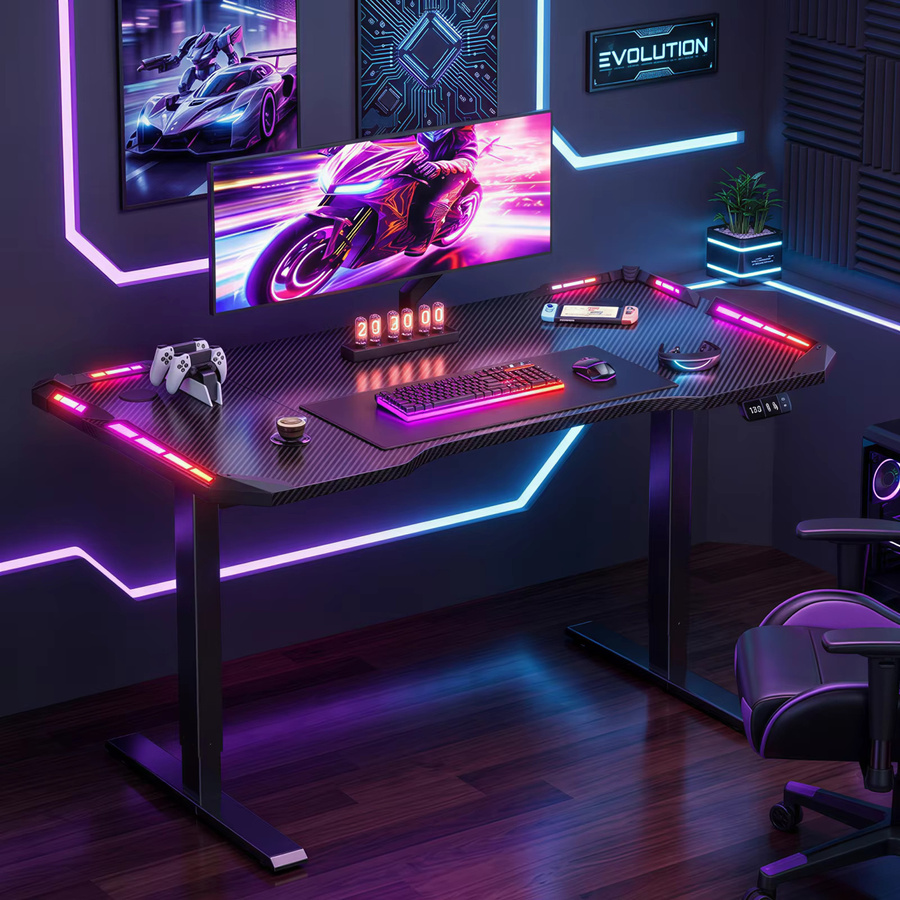FRODROVIA Elektrisch höhenverstellbarer Gaming-Schreibtisch mit App-gesteuerter LED-Beleuchtung und Carbonfaser-Oberfläche in Schwarz - Bild 3