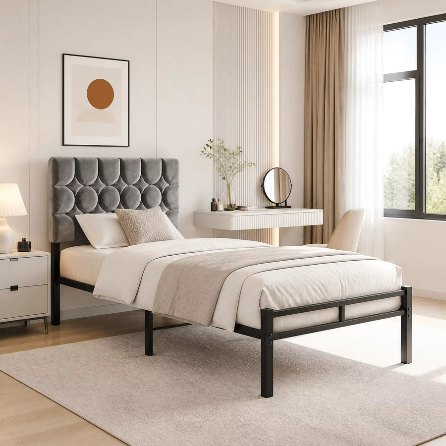 KUTAS Einzelbett aus Metall mit gepolstertem Kopfteil in Grau, Samt, B/T: 90 x 200 cm - Bild 7