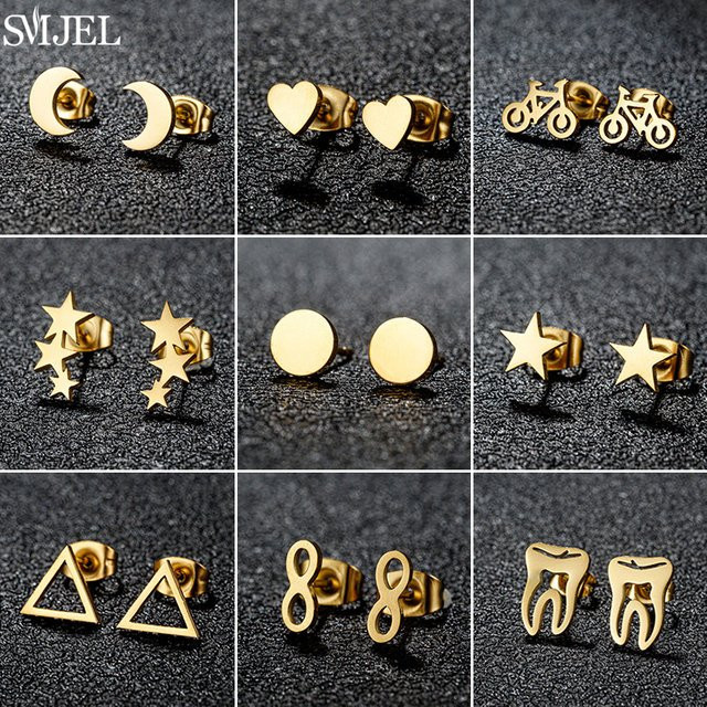 SMJEL Ohrstecker Edelstahl, Gold, Herz, Stern, Damen - Bild 1