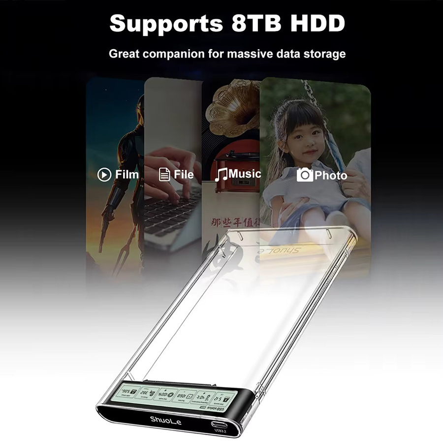 Kebidu Smart Display HDD-Gehäuse 2,5 Zoll transparentes USB 3.2 Gen2 externes Gehäuse für SATA HDD und SSD - Bild 4