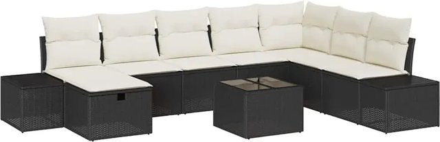 vidaXL Garten-Sofa-Set aus Polyrattan in Schwarz und Beige mit 9 Teilen, inklusive Kissen, Ottoman und Couchtisch - Bild 1
