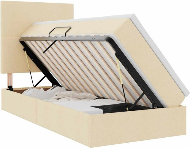vidaXL Bett mit Stauraum und LED in Creme mit Polsterung und Metallgestell B/T/H: 90 x 204 x 128 cm - Bild 1