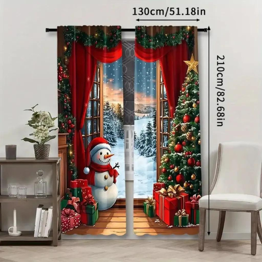 2er-Set Christmas Wonderland Vorhang mit Weihnachtsbaum, Weihnachtsmann und Mond im rustikalen Holz-Look, halbtransparent, Mehrfarbig, B: 50 cm, H: 160 cm - Bild 1
