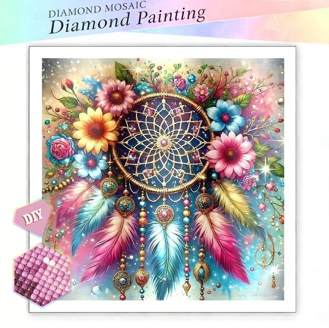 EverShine DIY Diamantmalerei Traumfänger mit Blumenmotiv, 5D Mosaik-Stickerei in Multicolour, Boho-Stil mit Rundbohrern - Bild 1