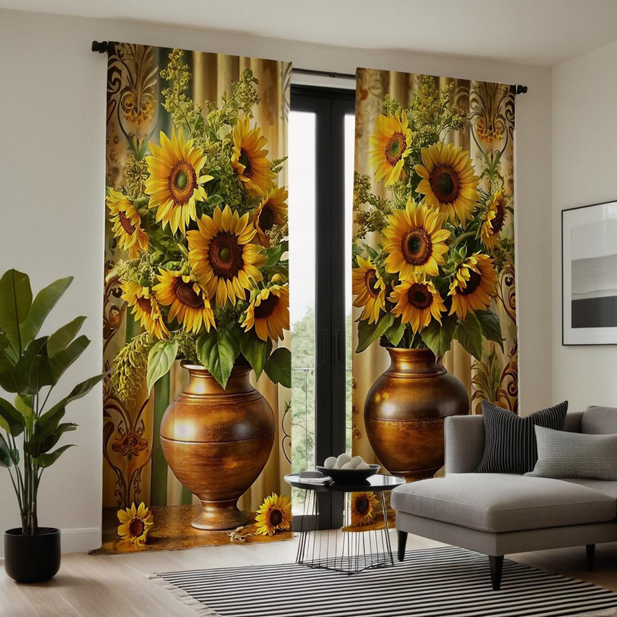 2er-Set Sonnenblumen Vorhänge mit Digitaldruck in Gelb, halbtransparent für Wohnzimmer und Schlafzimmer, B: 132 cm, H: 160 cm - Bild 1