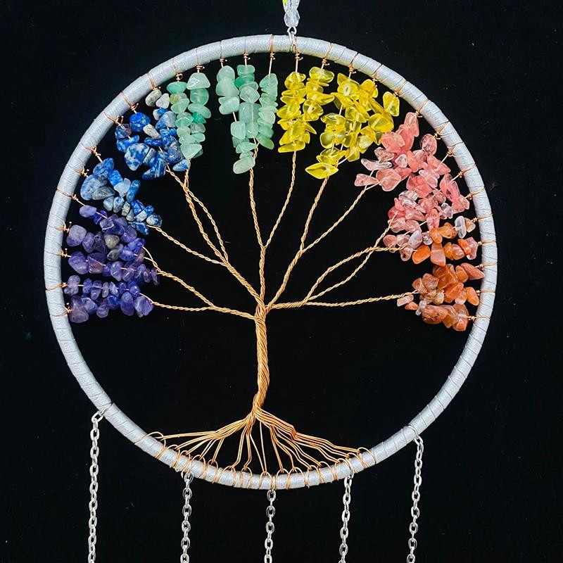 7 Chakra Edelstein Lebensbaum Traumfänger aus farbigem Achat als Wandbehang und Windspiel in Multicolour - Bild 2